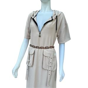 ReDesign Beige Hooded Dress Cotton Casual Cargo Pockets Lagenlook Coastal Travel